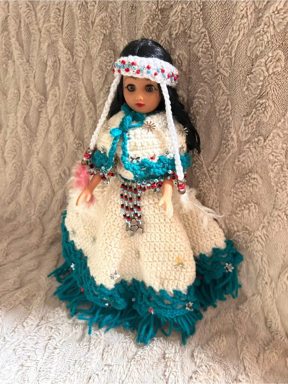 Beautiful Native American Princess Doll With Crocheted Dress And Headband